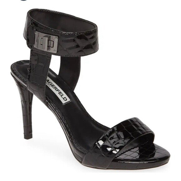 Karl Lagerfeld Paris Heels Size 7 Olivia Black Patent Leather Croc Embossed Shoe - Picture 1 of 8
